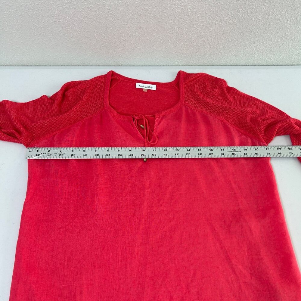 Calvin Klein Top Womens L Pink Linen Viscose 3/4 Sleeve Mixed Media Mesh Tassels - Picture 9 of 10